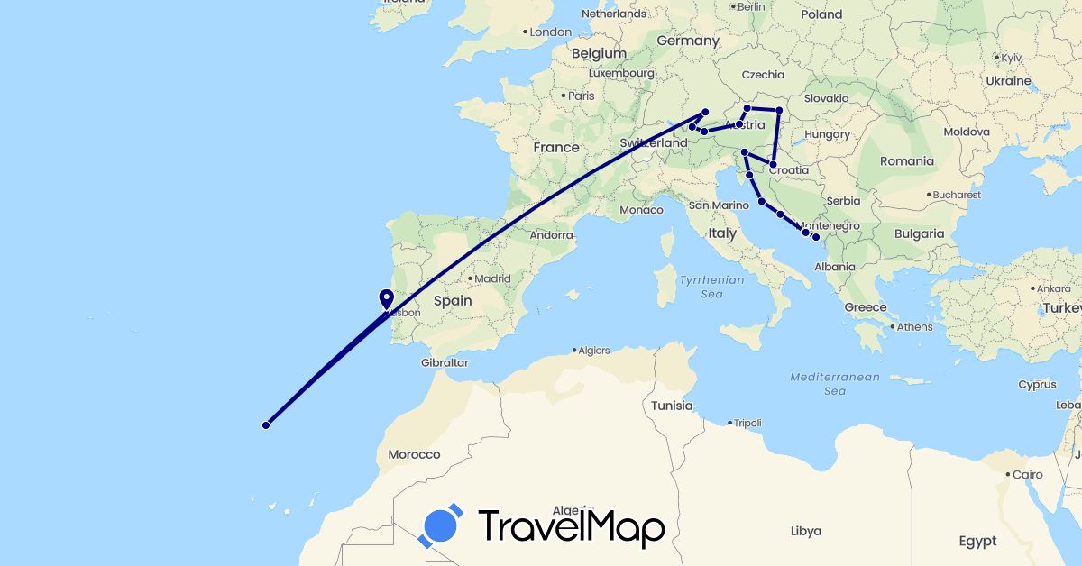 TravelMap itinerary: driving in Austria, Germany, Croatia, Montenegro, Portugal, Slovenia (Europe)
